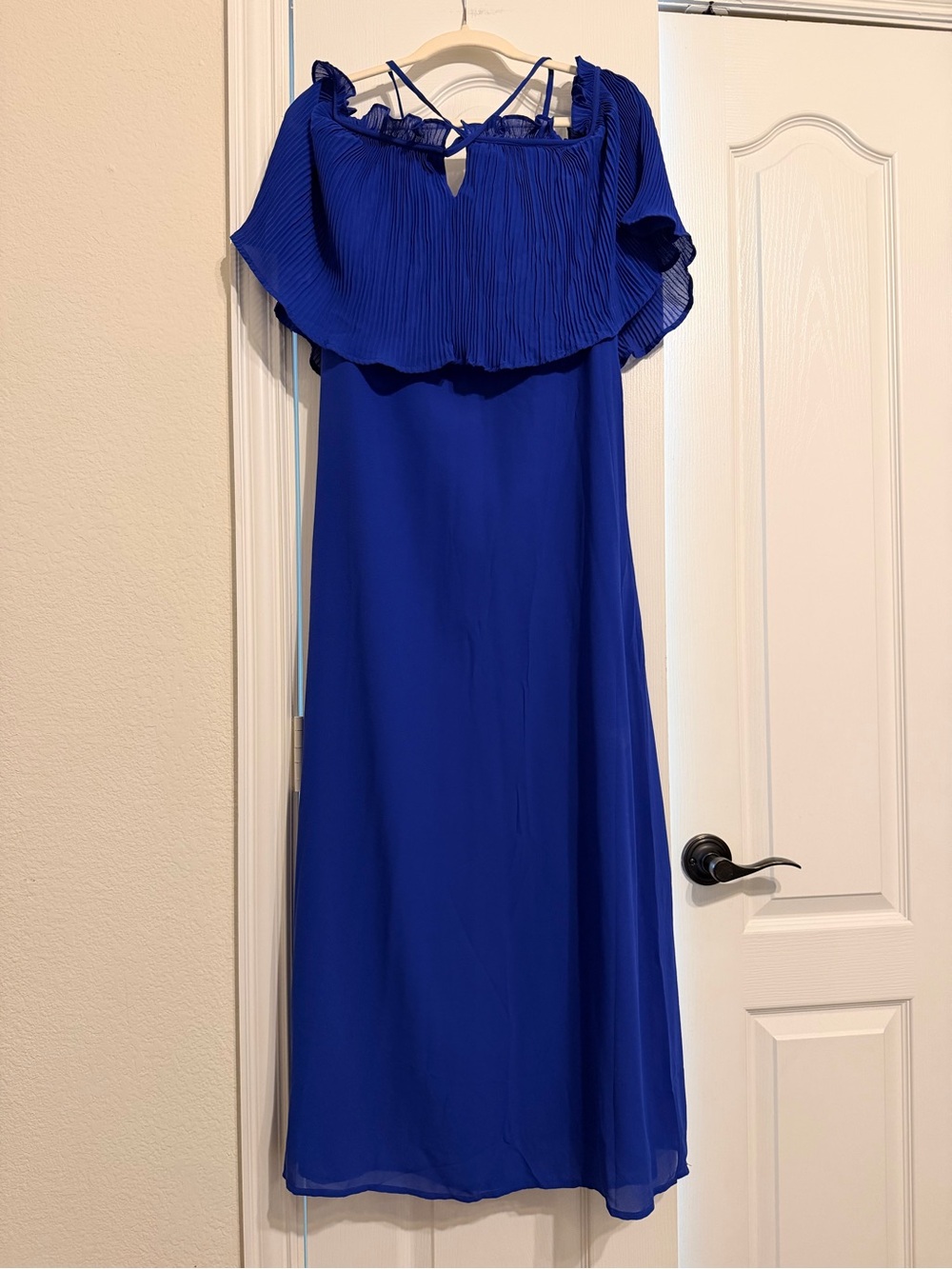 Off-Shoulder Cobalt Blue Maxi Dress with Ruffled Bodice